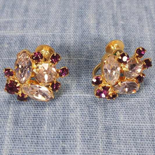 1960s Vintage Screw Back Earrings with a Cluster of Red and Clear Rhinestones