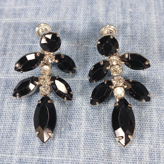 1960s Vintage Screw Back Dangle Earrings with Black and Clear Rhinestones