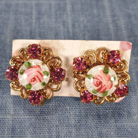 1960s Vintage Screw Back Earrings with Red Rhinestones around a Painted Rose Center