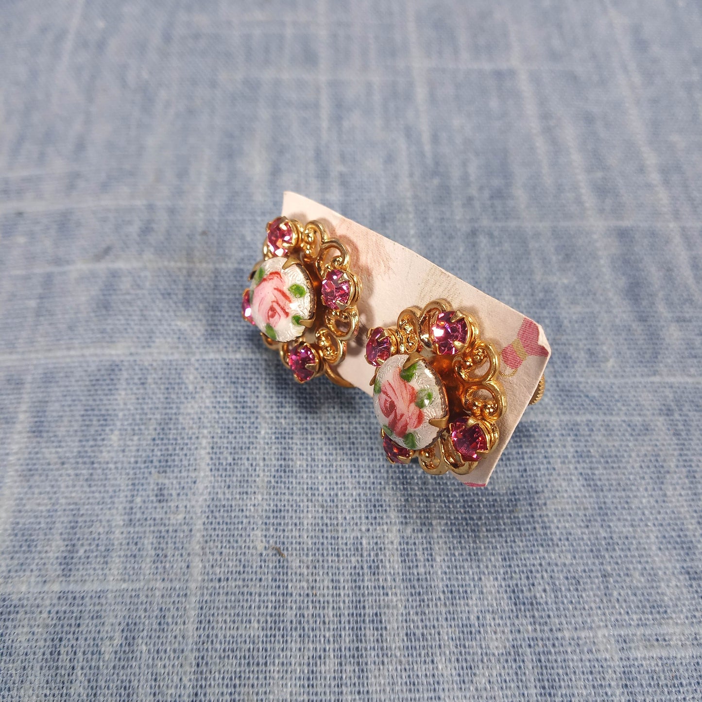 1960s Vintage Screw Back Earrings with Red Rhinestones around a Painted Rose Center