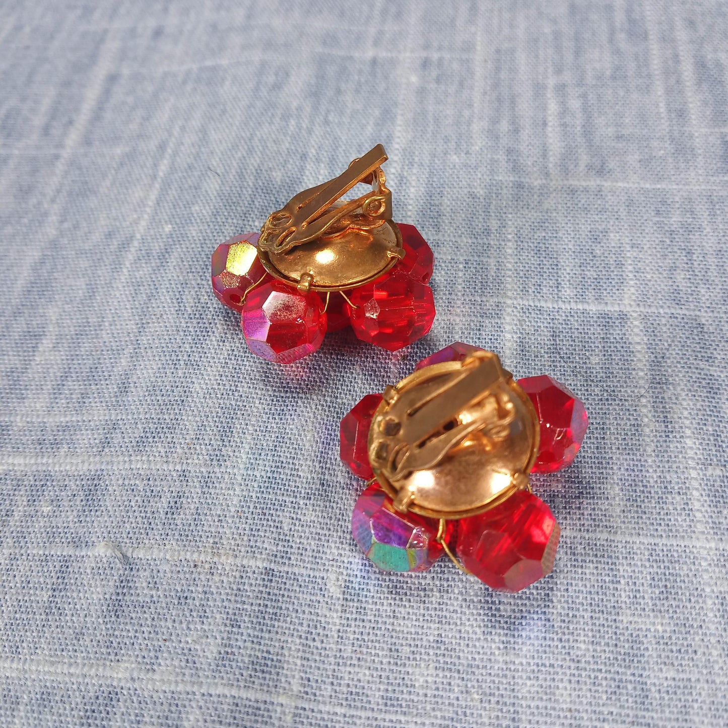 1950s Vintage Clip Earrings with Cherry Red Beads in a Flower Shape