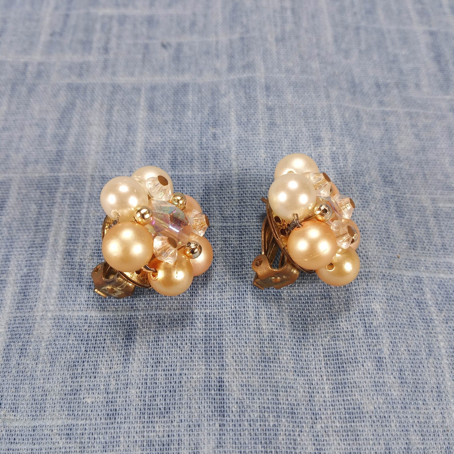 1950s Vintage Clip Earrings with Pearl Beads and a Center Rhinestone from Japan