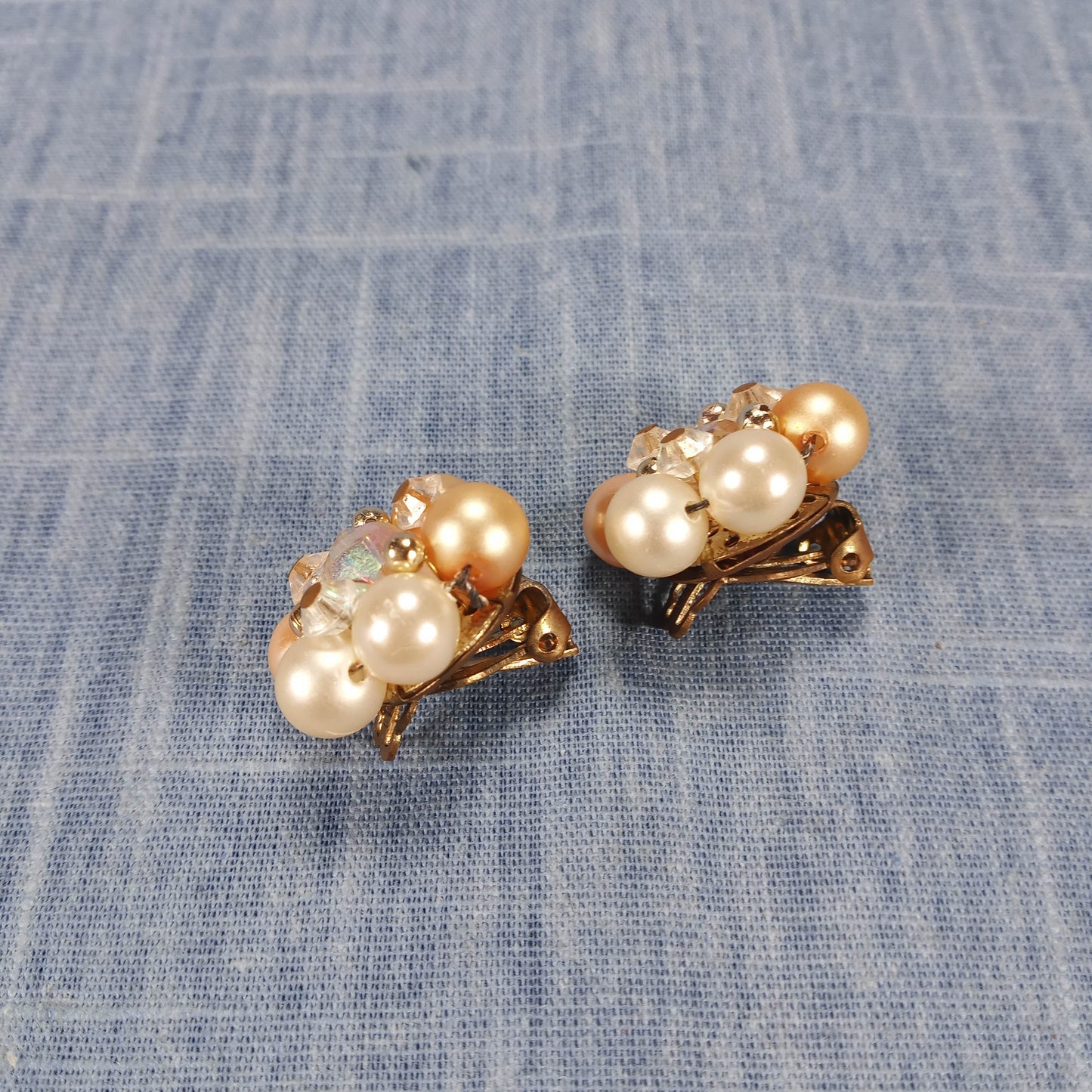 1950s Vintage Clip Earrings with Pearl Beads and a Center Rhinestone from Japan