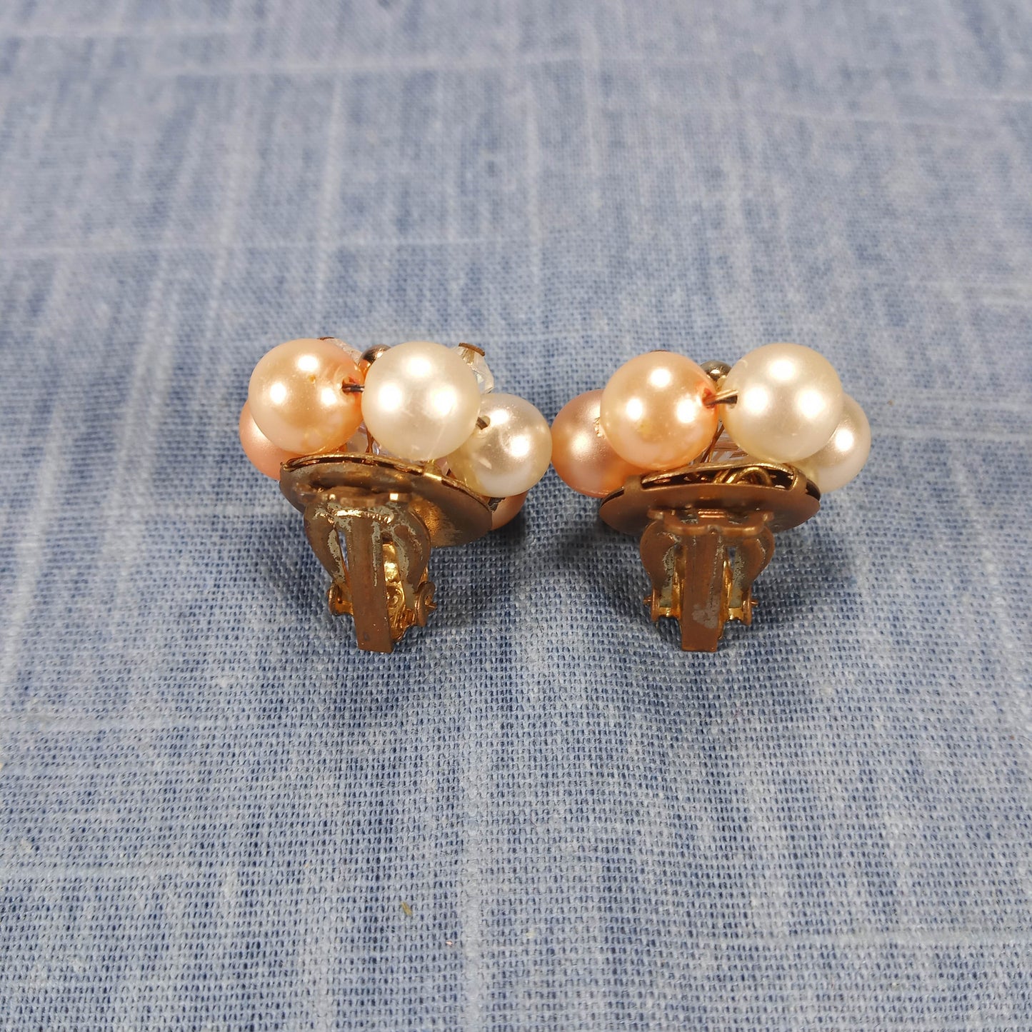 1950s Vintage Clip Earrings with Pearl Beads and a Center Rhinestone from Japan