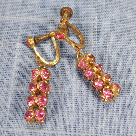 1960s Vintage Screw Back Dangle Earrings with a Double Row of Pink Rhinestones