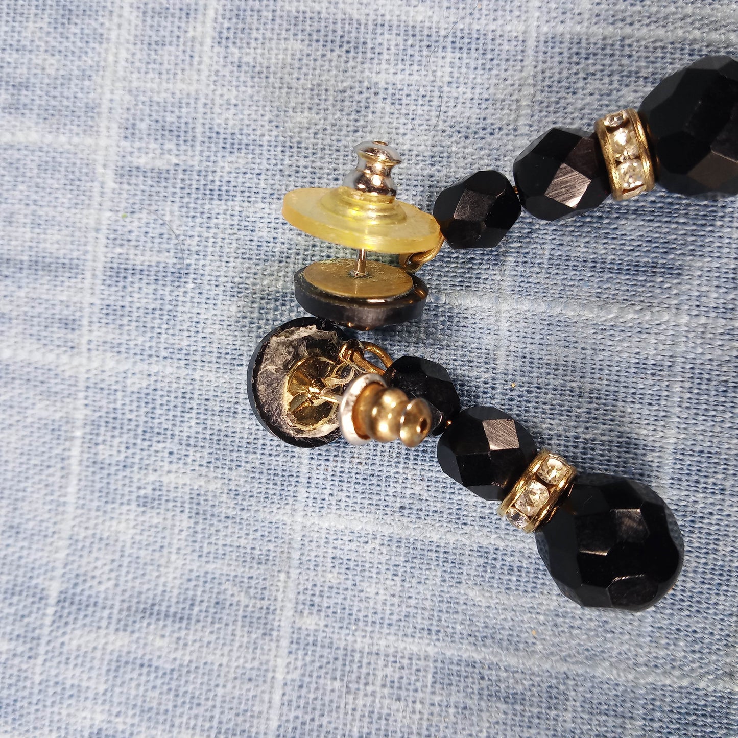 1970s Vintage Dangle Earrings with Black Beads and Clear Rhinestones