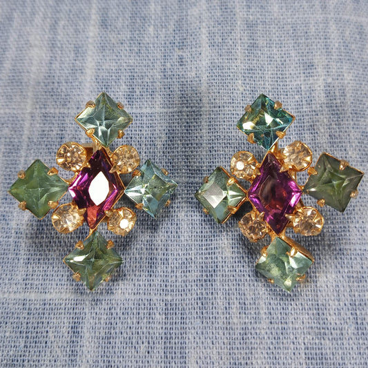 1950s Vintage Clip Earrings with Green and Purple Rhinestones in a Star Shape
