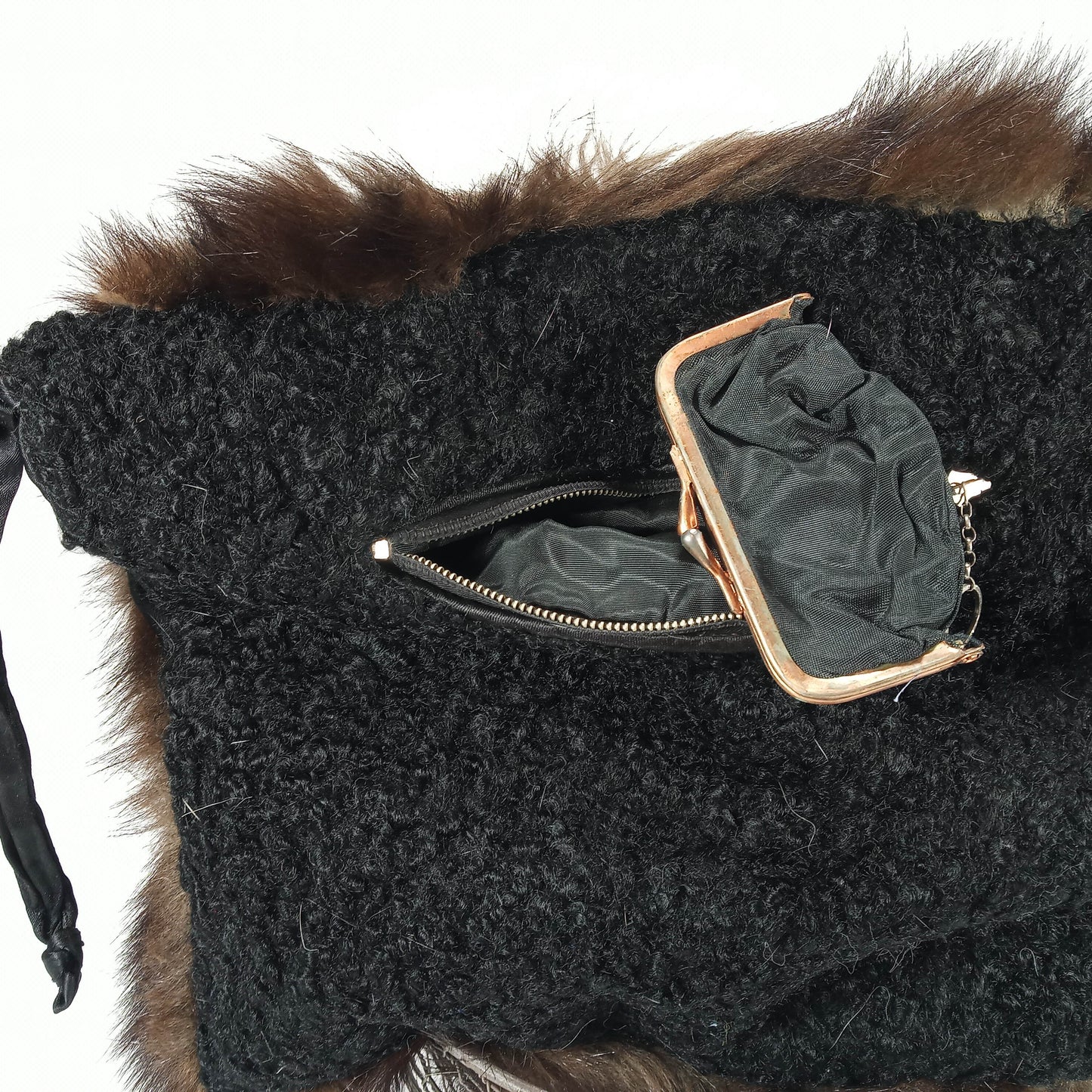 1940's Dark Brown Mink Fur Muff/Purse with a Persian Lamb Back