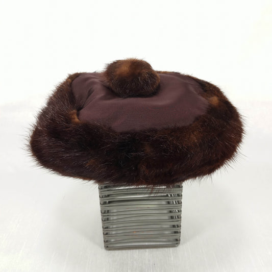 1950s Vintage Chocolate Satin Pill Box Hat with Mink Trim
