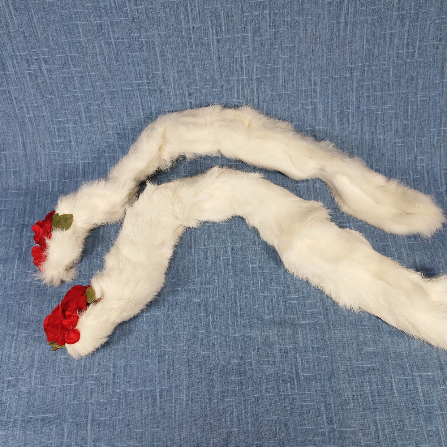 1940's White Rabbit Fur Red Rose Scarfs with Clip