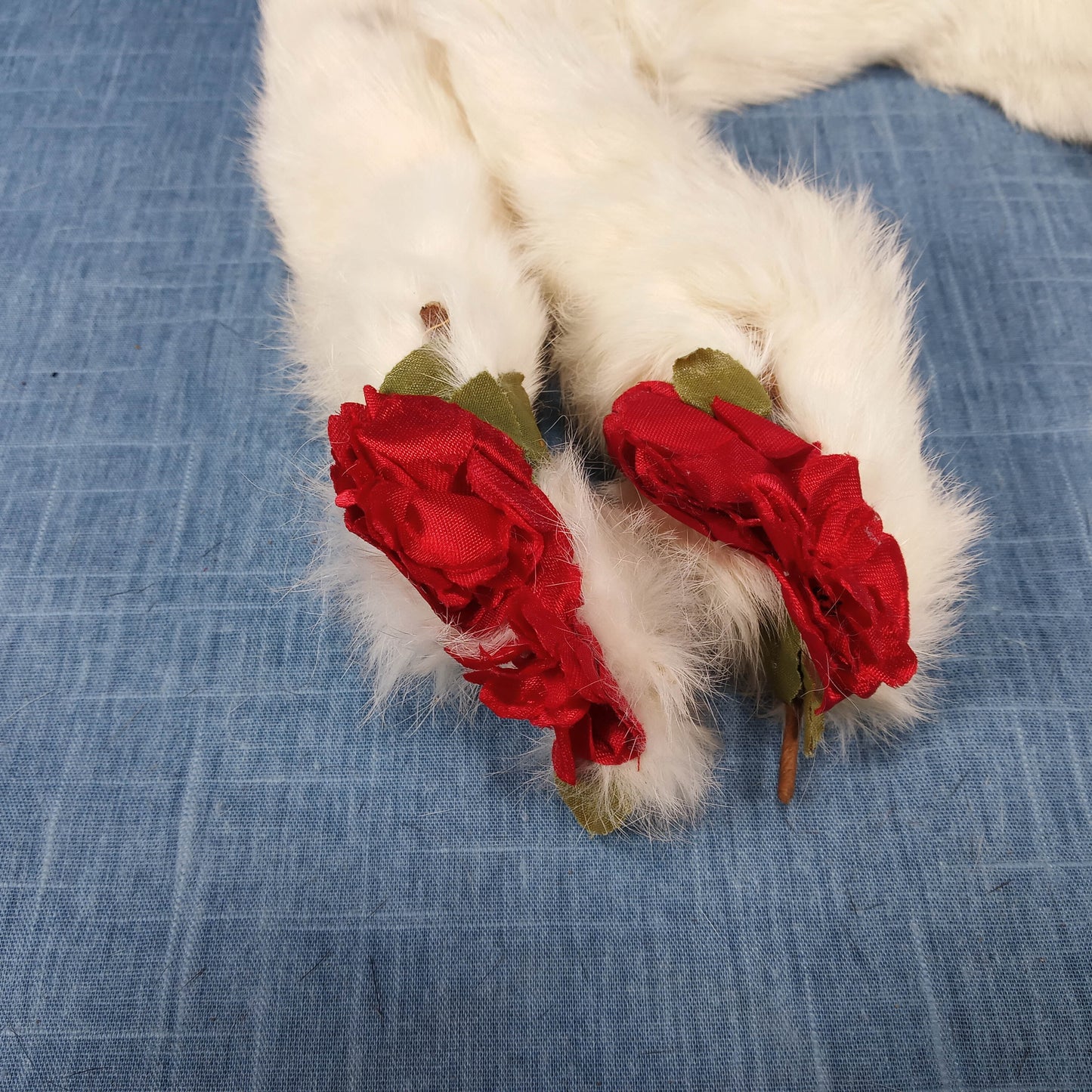1940's White Rabbit Fur Red Rose Scarfs with Clip