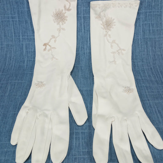 1940s Vintage White Mid Length Gloves with White Beaded Floral Detail by Harilela's Hong Kong