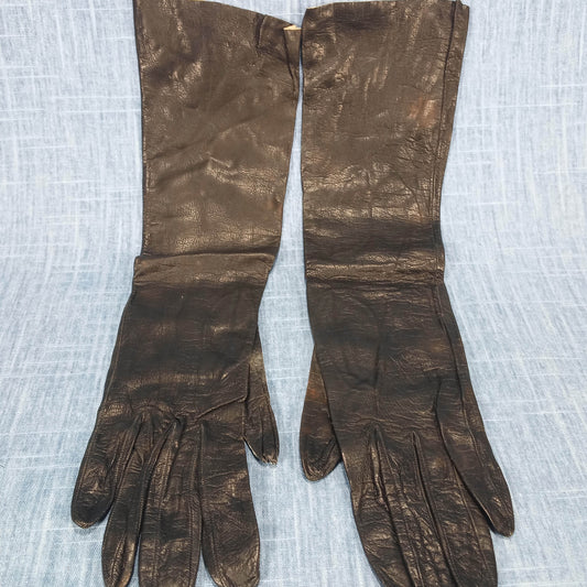 1950s Vintage Black Kid Leather Long Gloves by I Magnin Made in France