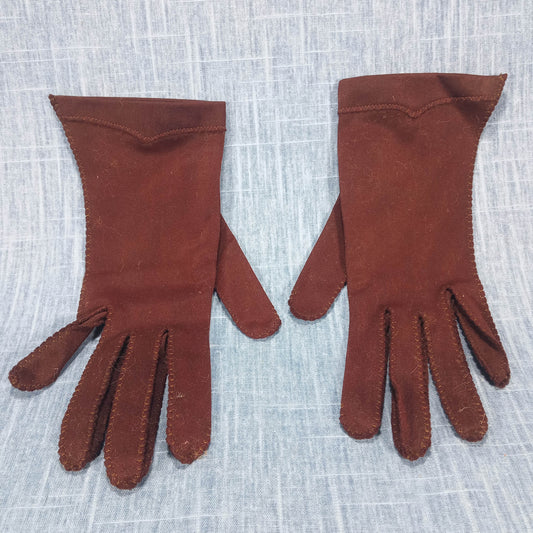 1950s Vintage Chocolate Brown Fabric Short Gloves by Van Raalte
