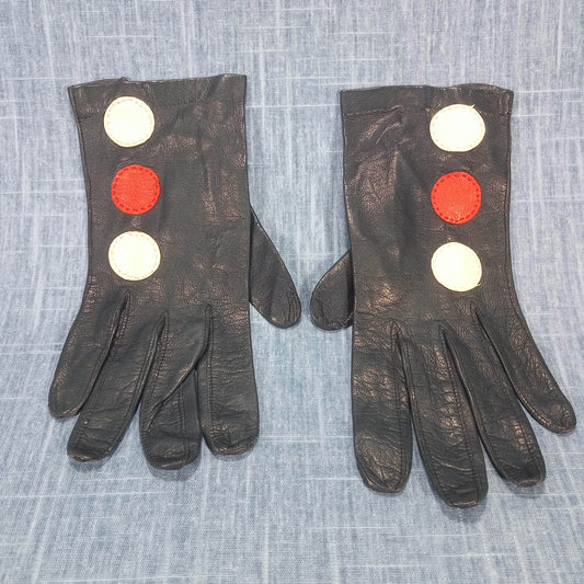 1950s Vintage Navy Kid Leather Gloves with Red and White Dots