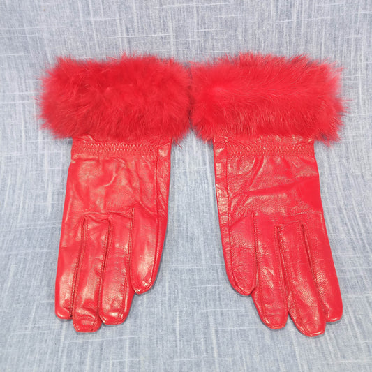 1970s Vintage Red Leather Rabbit Fur Gloves