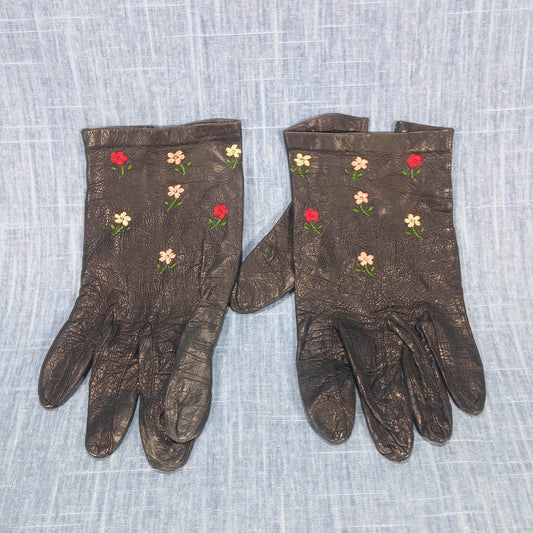 1950s Vintage Black Kid Leather Flower Embroidered Short Gloves