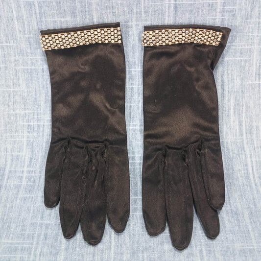 1950s Vintage Black Satin Rhinestone Gloves by Kay Fuchs from West Germany