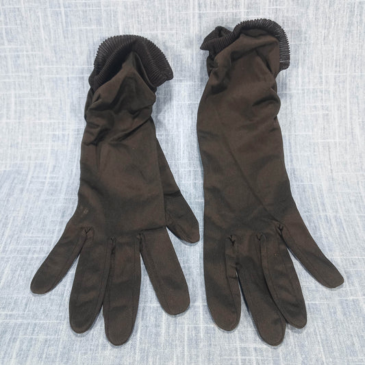 1950s Vintage Black Sheer Fabric Ruched Gloves with Chiffon Pleating by Hansen