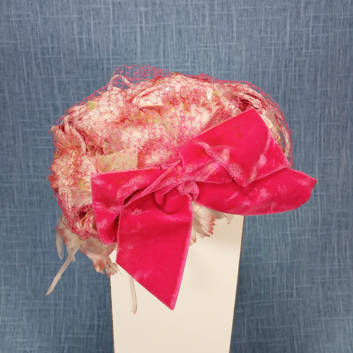 1950s Pink Flowered with Velvet Bow Head Piece