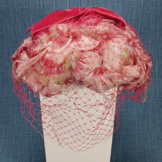1950s Vintage Pink Flowered with Velvet Bow Head Piece