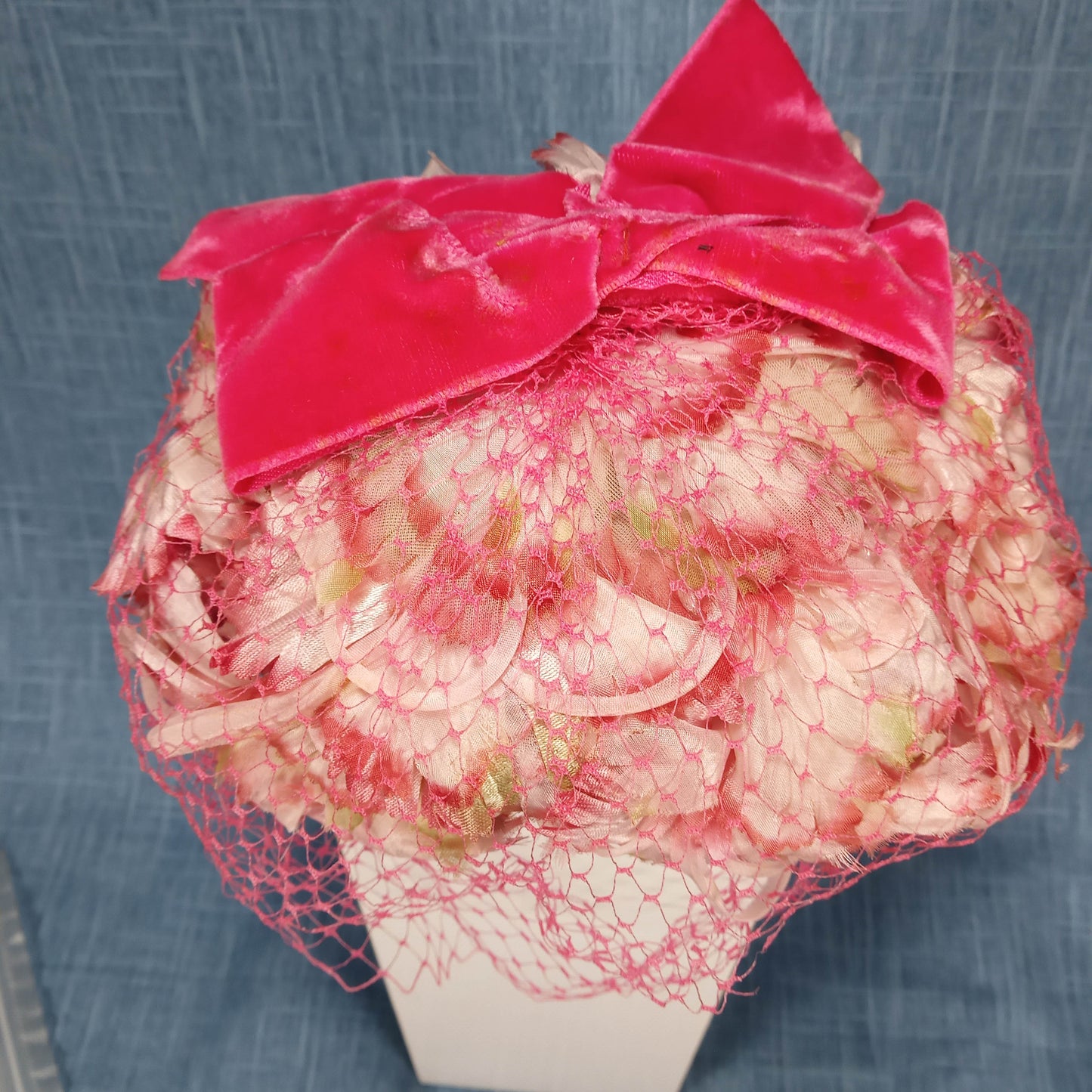 1950s Pink Flowered with Velvet Bow Head Piece