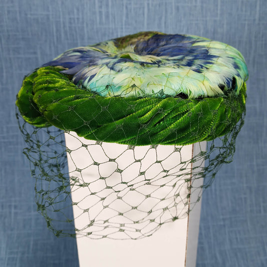 1950s Vintage Green Velvet with Blue Feathers Hat