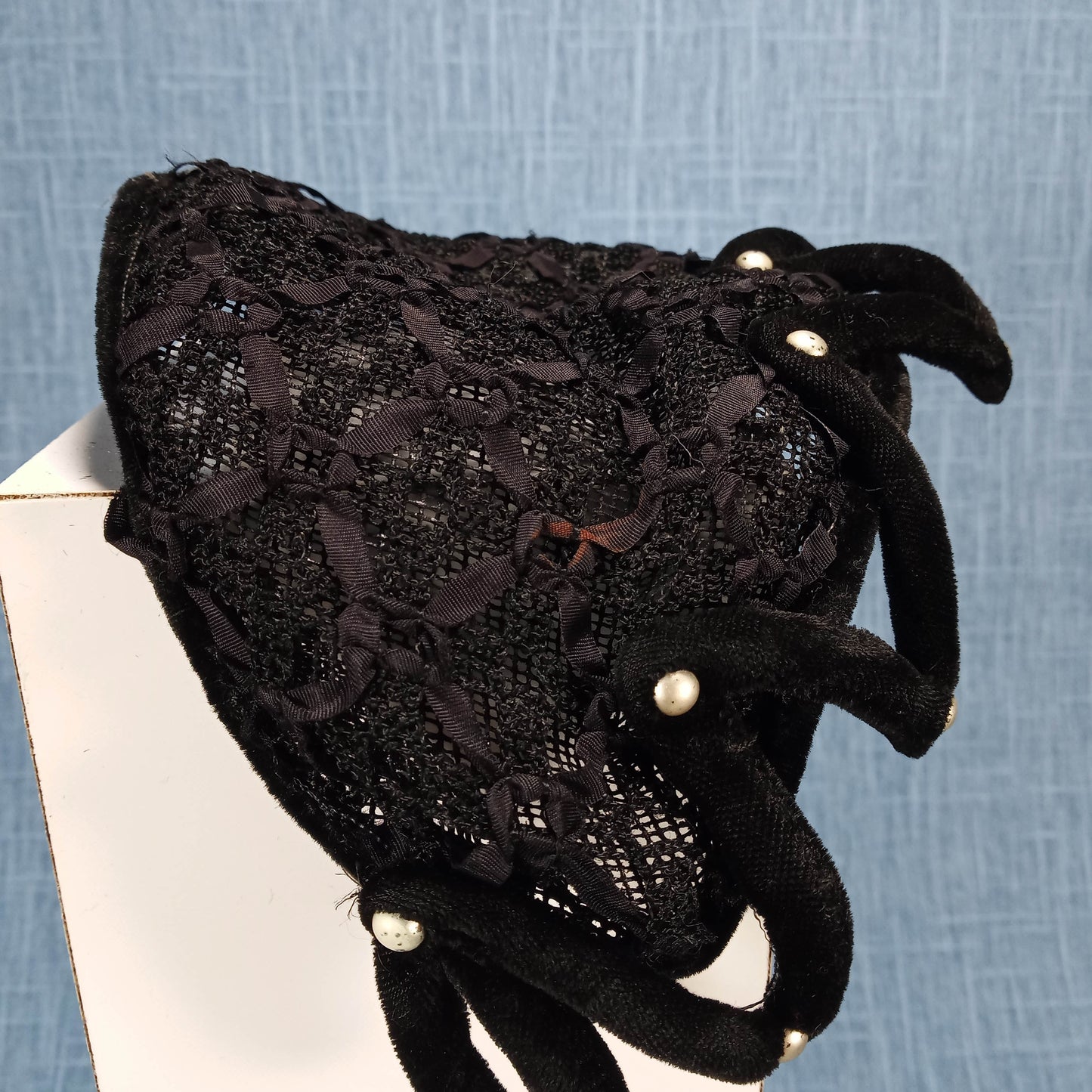1940s Black Ribbon and Lace Velvet Head Piece with Pearl Detail