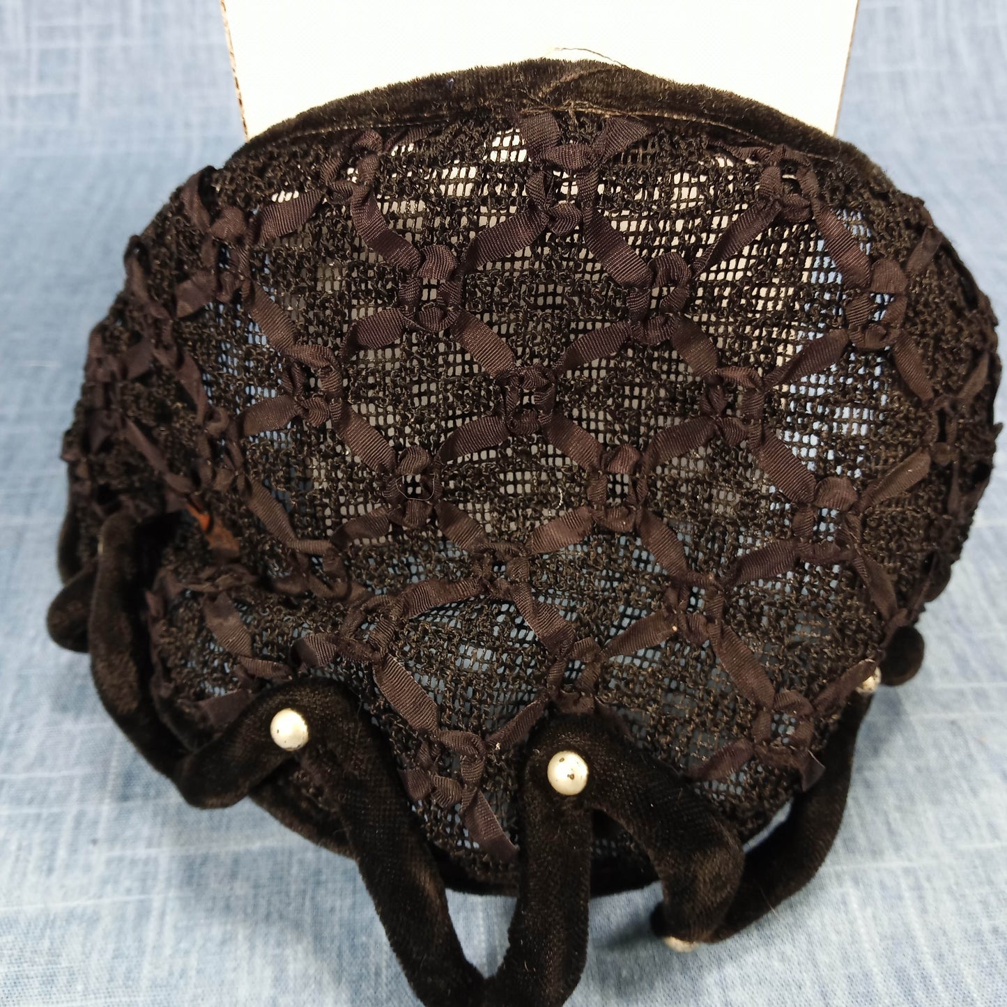 1940s Black Ribbon and Lace Velvet Head Piece with Pearl Detail
