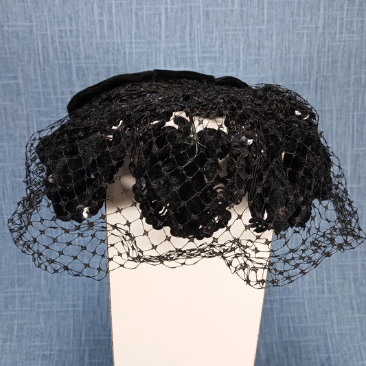 1940s Vintage Black Velvet Halo Hat with Sequins and Veil