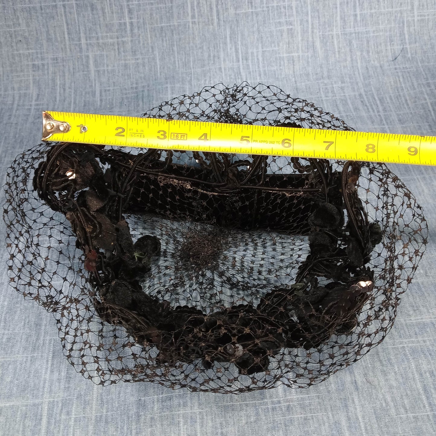 1940s Vintage Black Velvet Halo Hat with Sequins and Veil