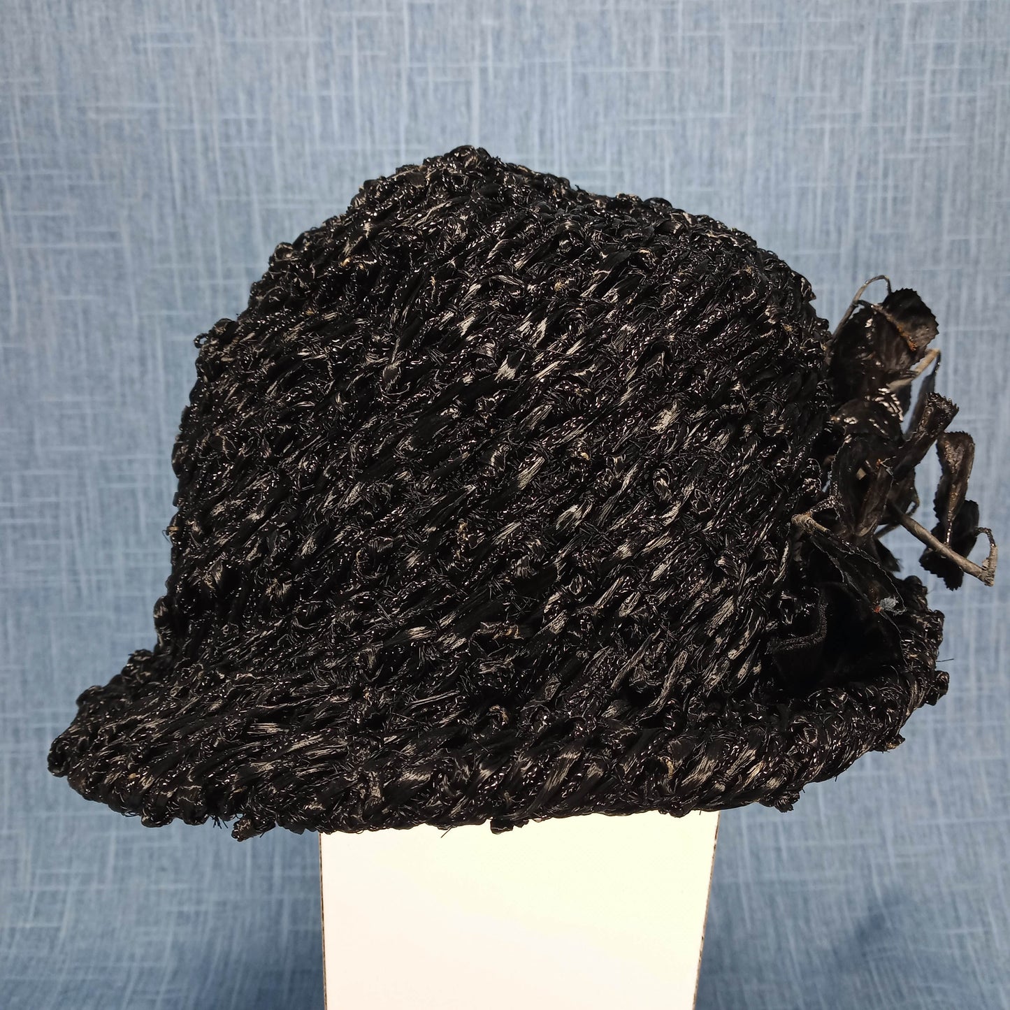 1940s Black Rattan Bucket Bowler Hat with Patent Details