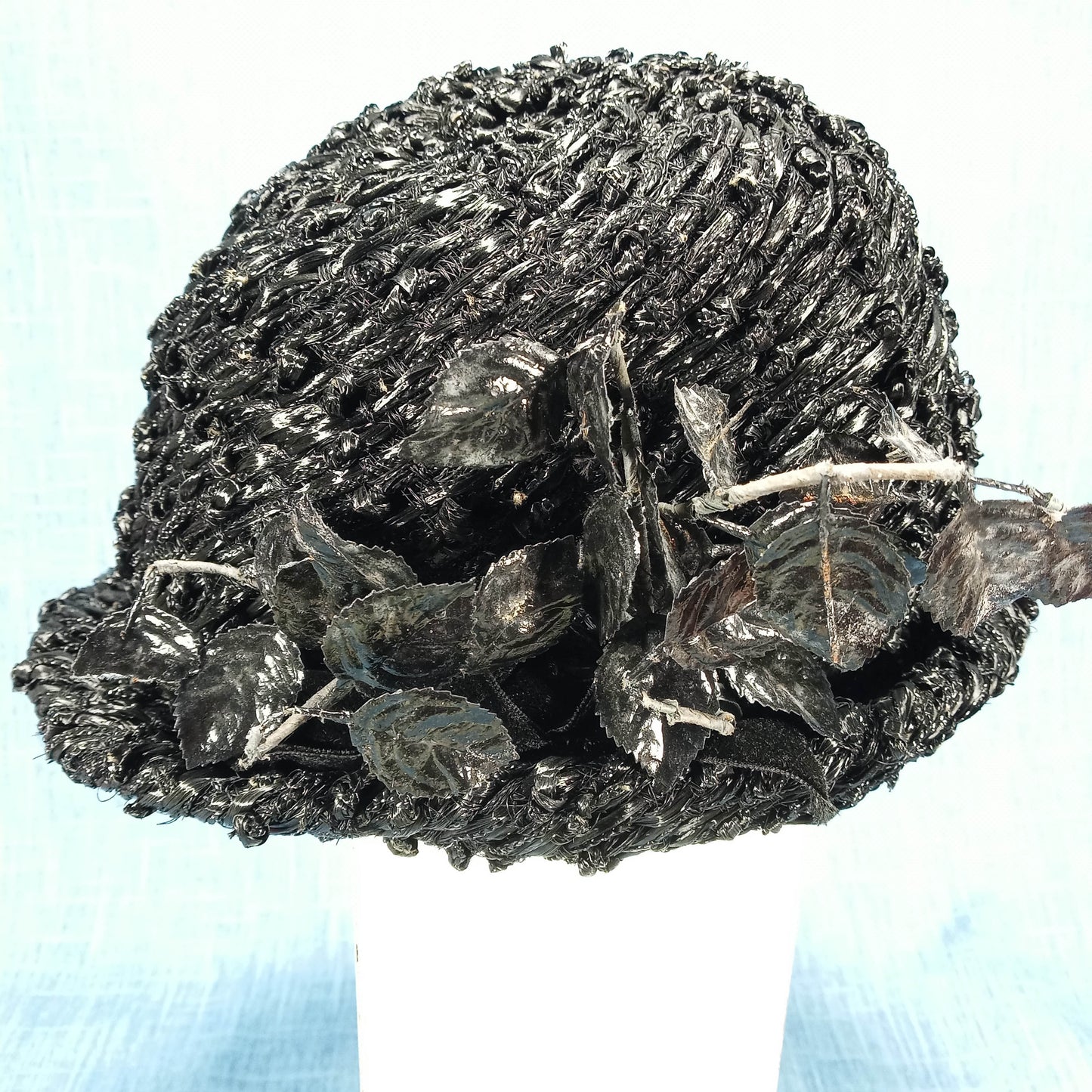 1940s Black Rattan Bucket Bowler Hat with Patent Details