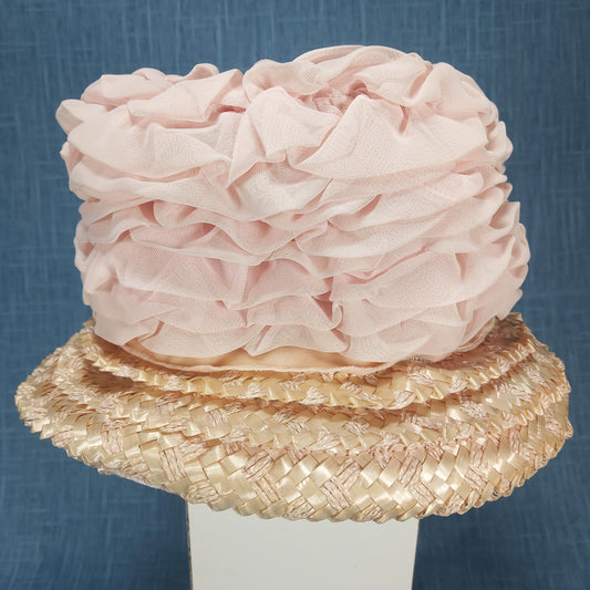 1950s Vintage Pink Woven Straw & Chiffon Ruffle Hat