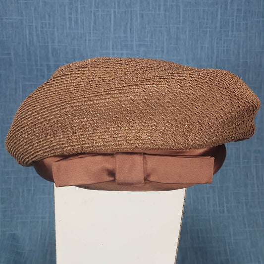 1950s Vintage Brown Rattan and Satin Beret Style Hat by I. Magnin