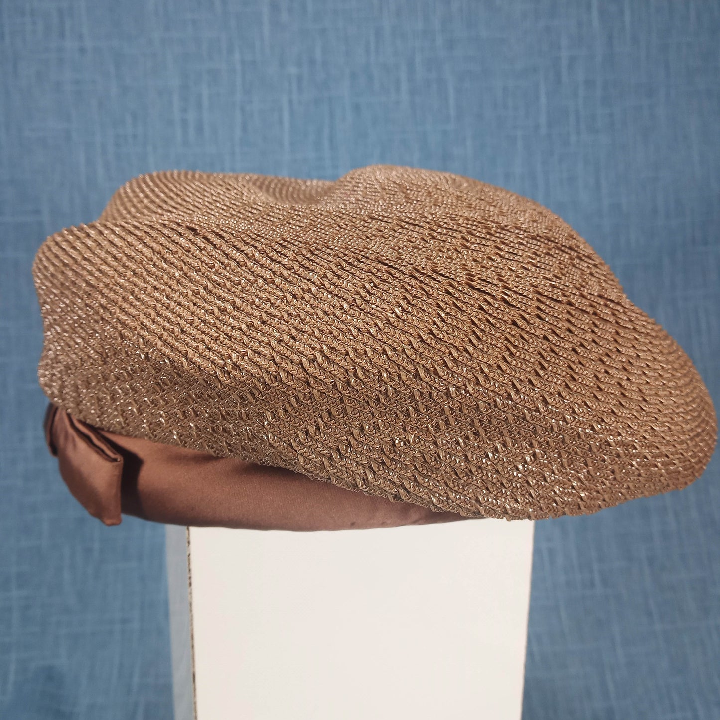 1950s Brown Rattan and Satin Beret Style Hat by I. Magnin