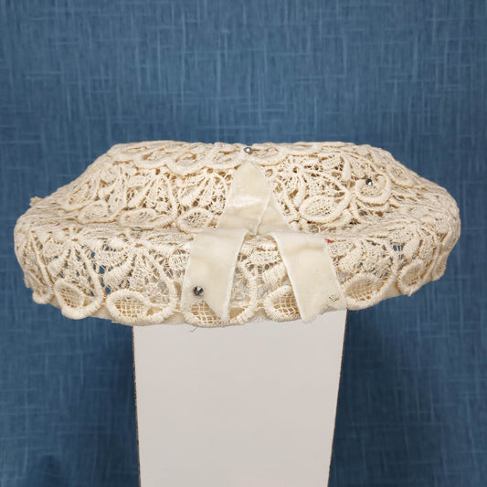 1930s Vintage Cream Lace Rhinestone Saucer Hat