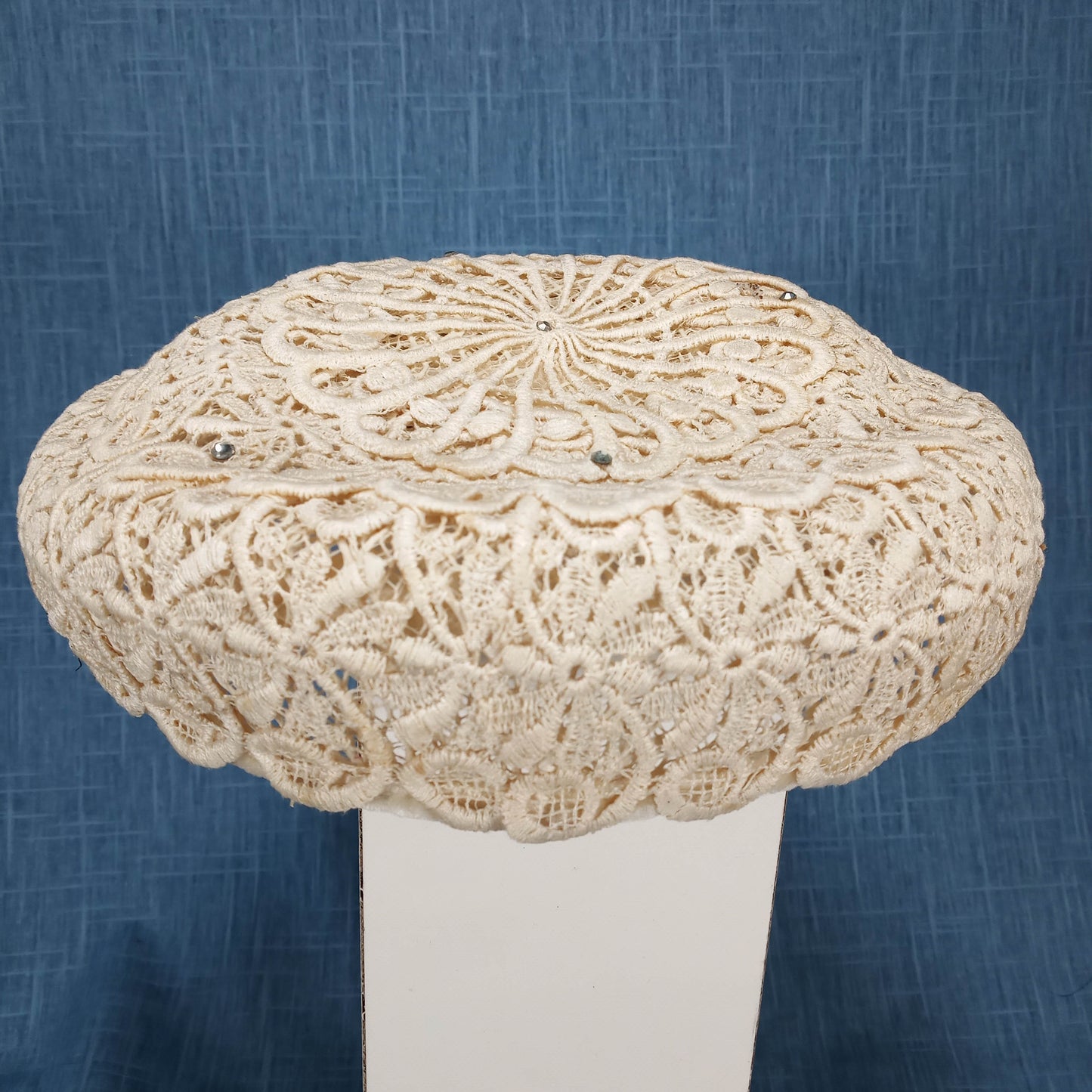 1930s Cream Lace Rhinestone Saucer Hat
