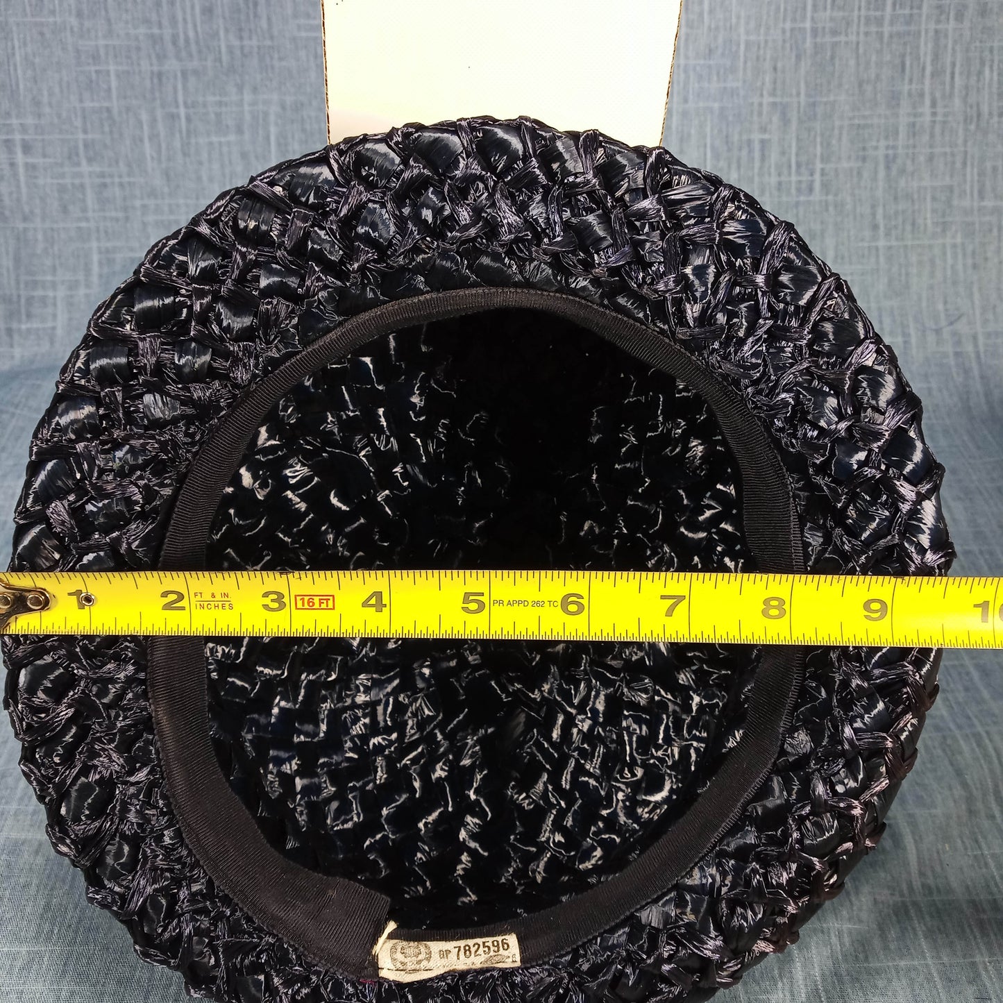 1950s Vintage Navy Blue Woven Rattan Hat with a Patent Bow