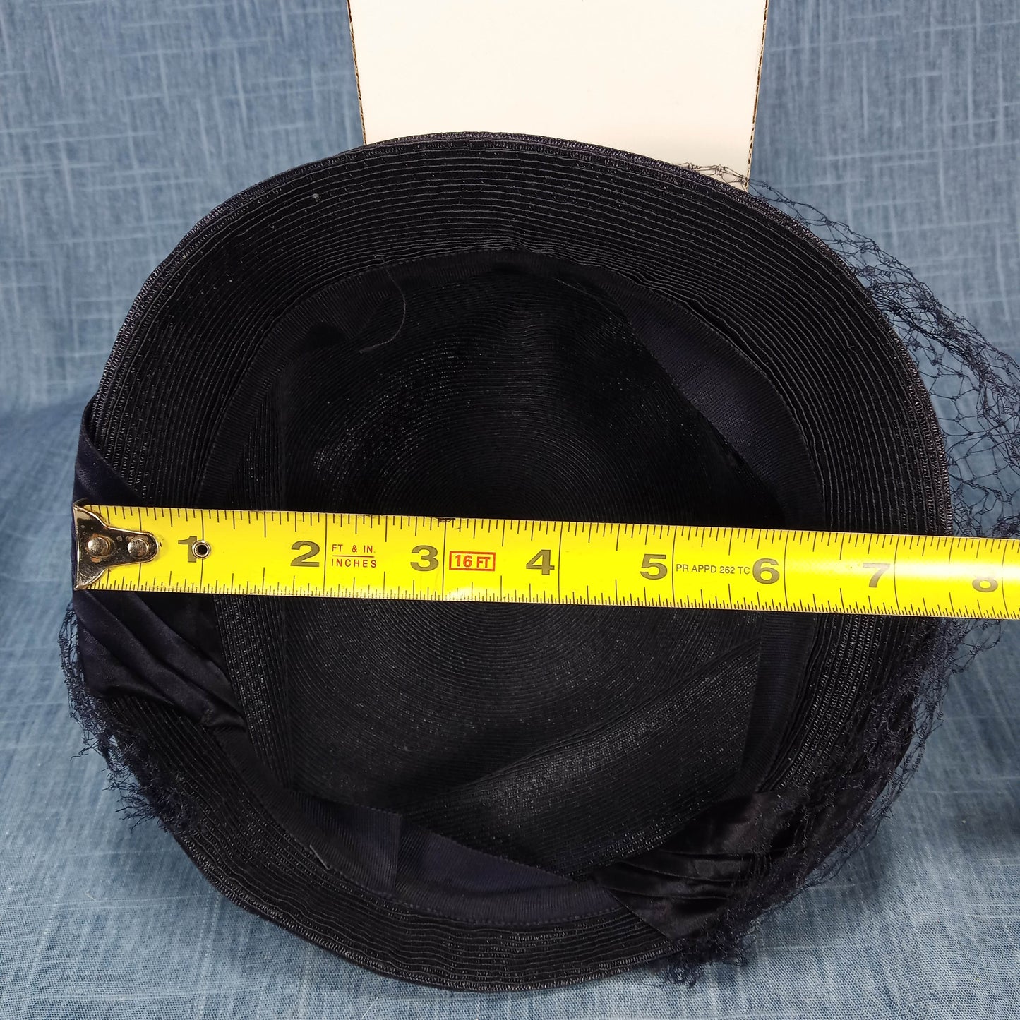 1950s Vintage Black Sisal Hat with Navy Blue Satin Ribbon and Rhinestones