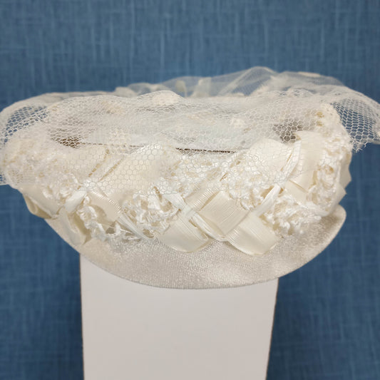 1950s Vintage Cream Fabric Halo Hat with Polka Dot Veil