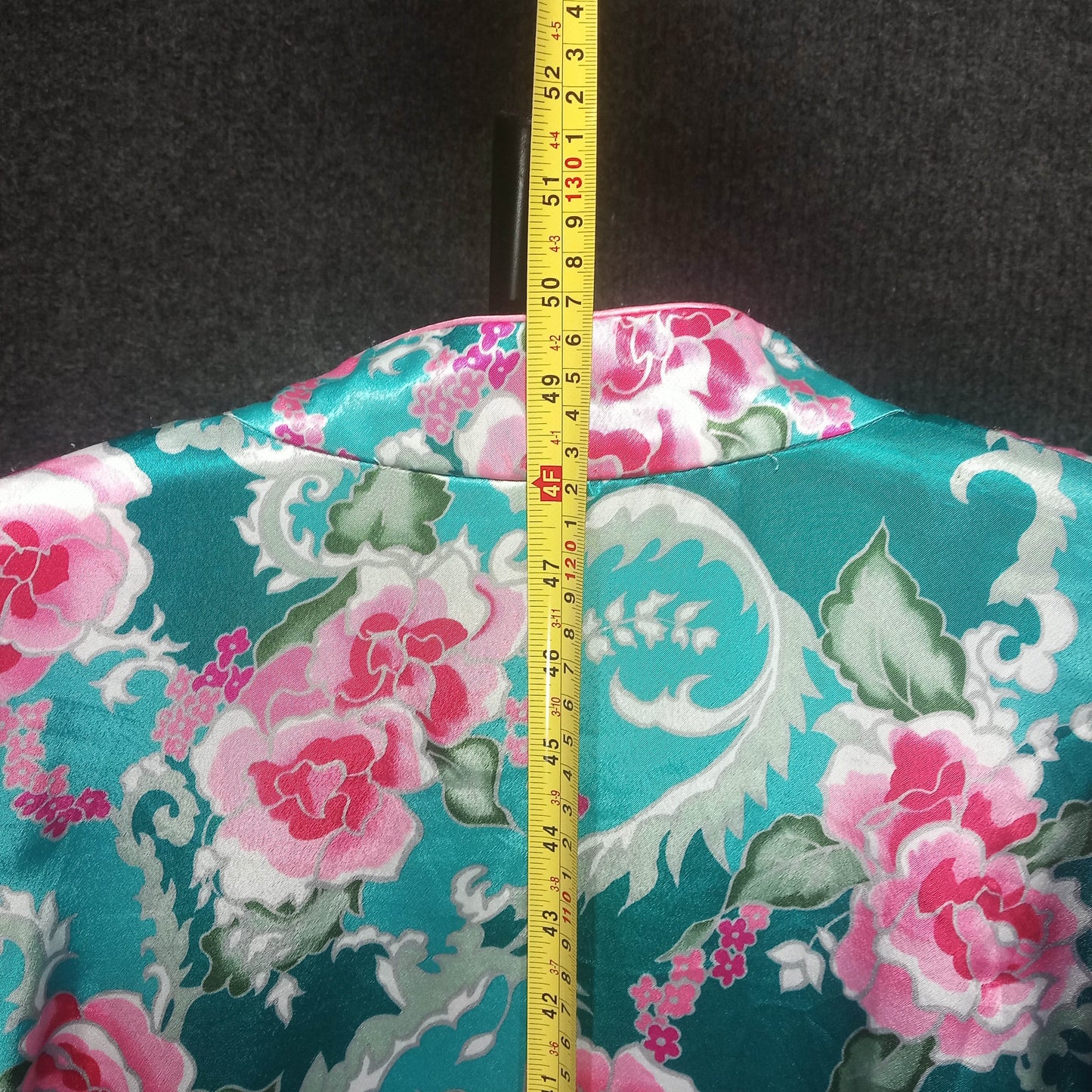 1960s Vintage Teal Rose Print Satin Robe by Christian Dior