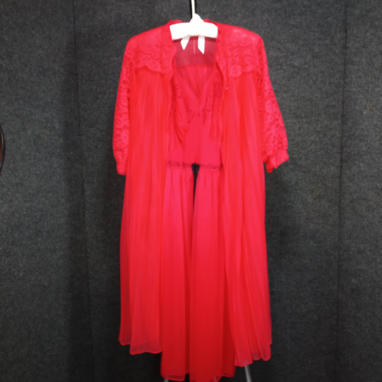 1950's Red Chiffon Lace Short Dressing Gown by Charmade