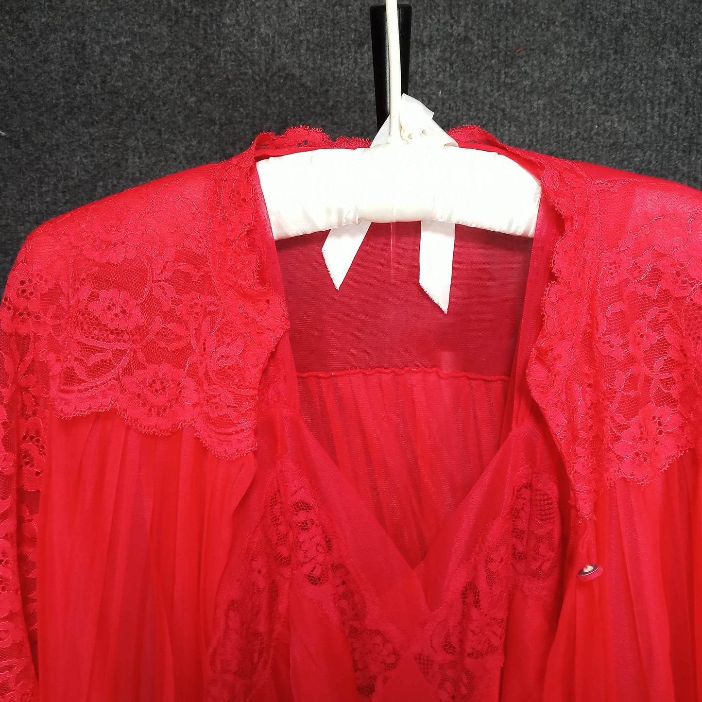 1950's Red Chiffon Lace Short Dressing Gown by Charmade