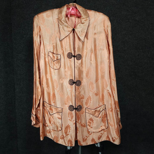 Early to Mid 20th Century Vintage Peach Silk Lounge Set with Ornate Frog Closures