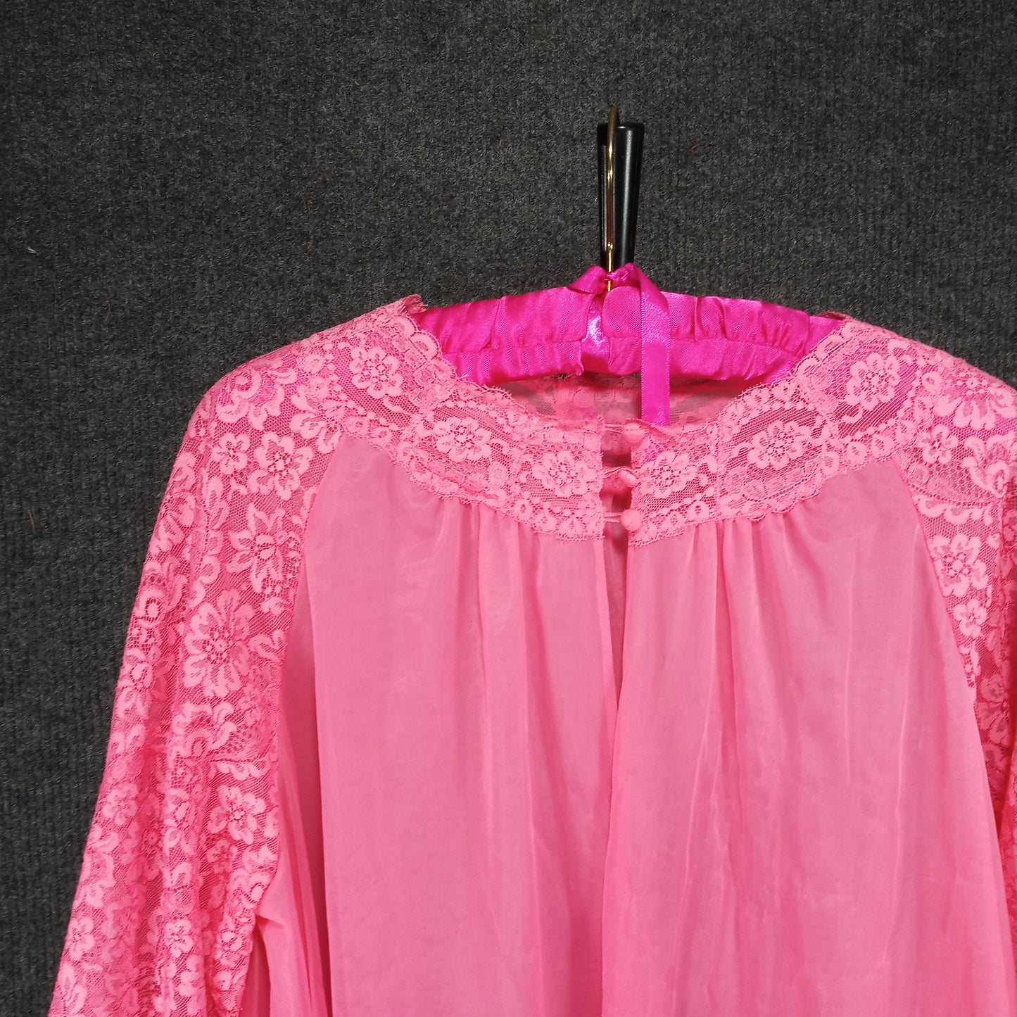 1950's Bubblegum Pink Chiffon & Lace Robe from Vanity Fair
