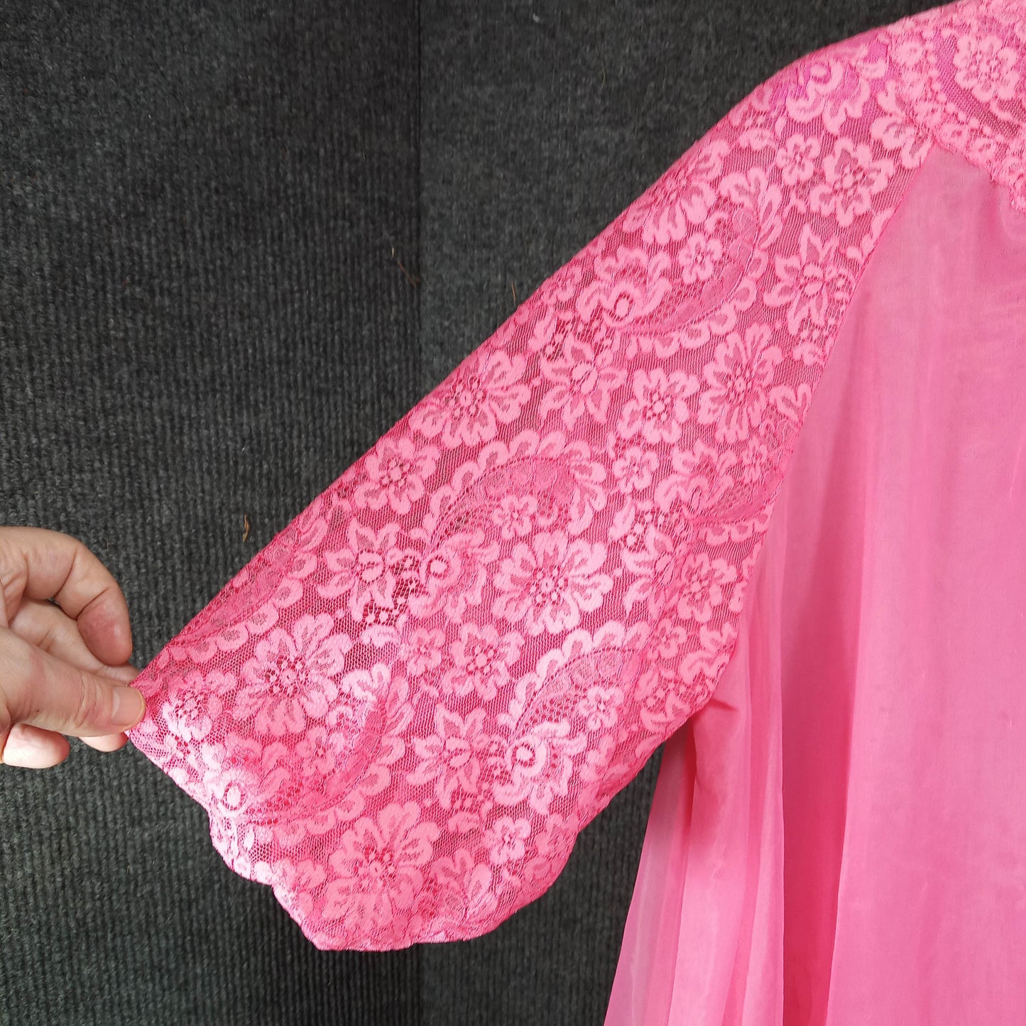 1950's Bubblegum Pink Chiffon & Lace Robe from Vanity Fair