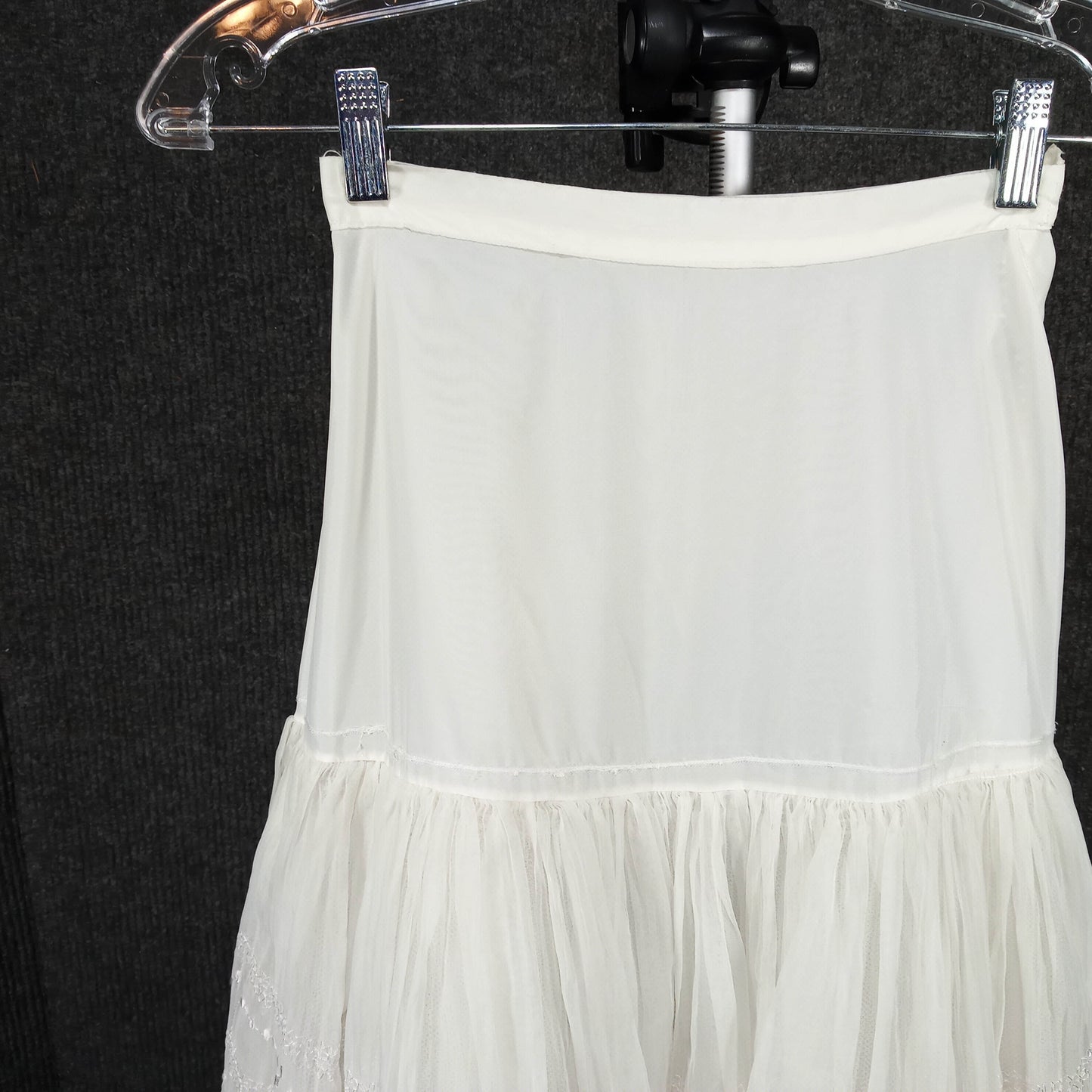 1950's White Pink Embroidered Crinoline with 4 Layers of Ribbon Laced Tulle