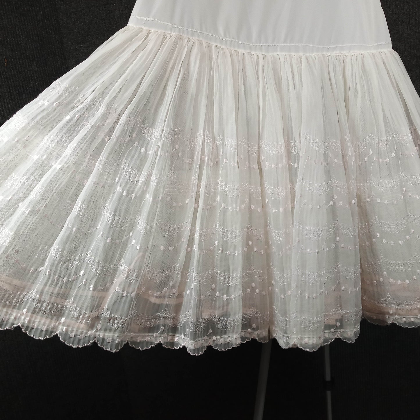 1950's White Pink Embroidered Crinoline with 4 Layers of Ribbon Laced Tulle
