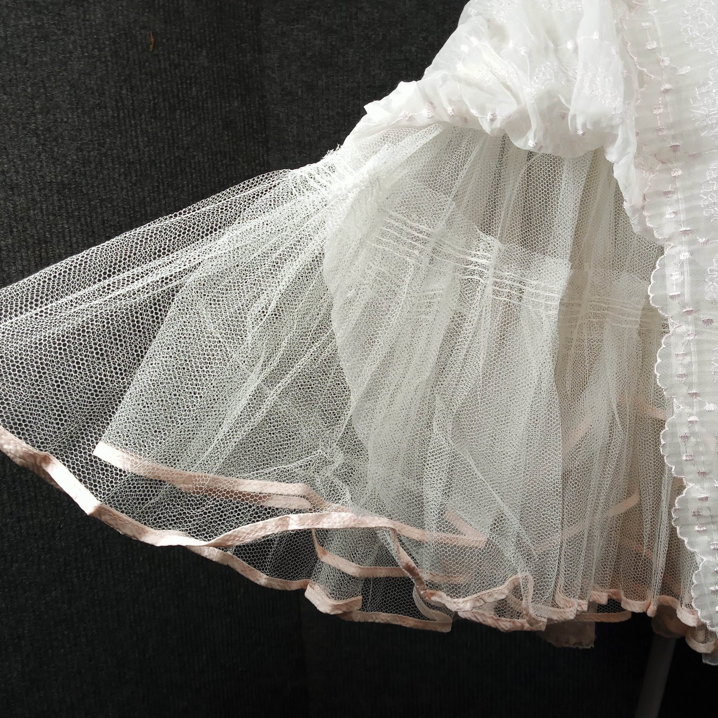 1950's White Pink Embroidered Crinoline with 4 Layers of Ribbon Laced Tulle